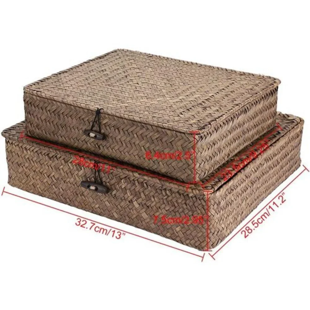 Set of 2 Flat Woven Wicker Storage Bins with Lid Natural Seagrass Basket